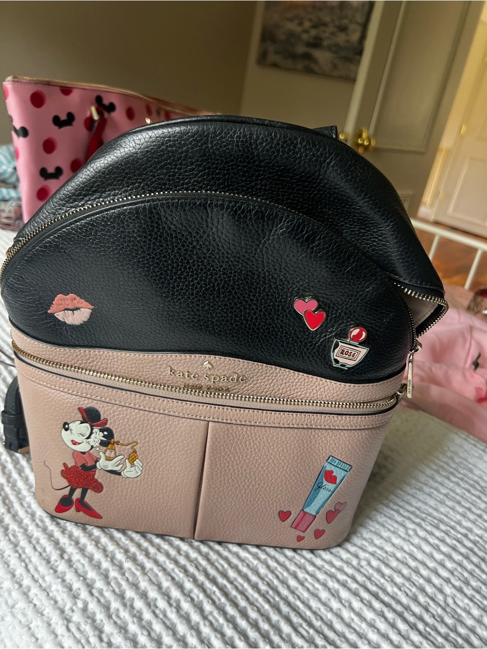 kate spade Pink and Black Minnie Mouse Patch Leather Backpack